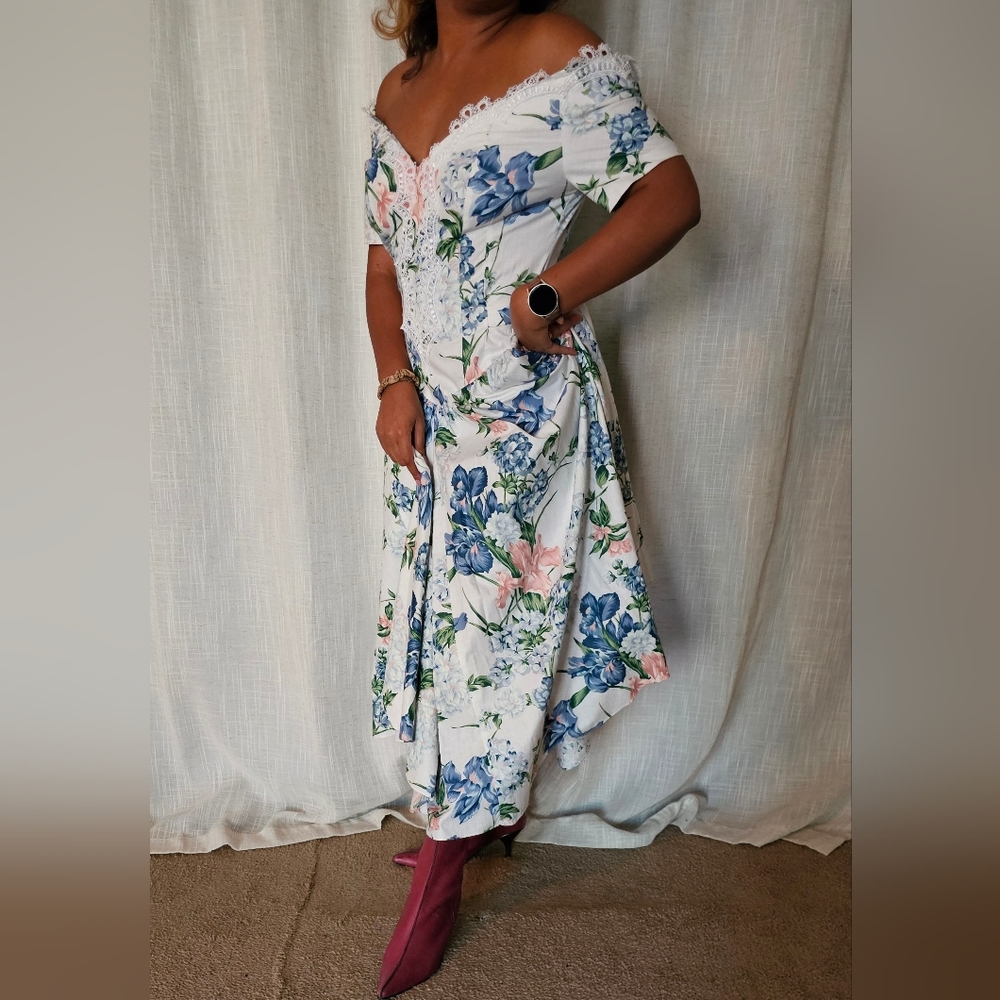 Vintage 80s Cotton Floral Print Tie Back Half Sleeve Dress Small